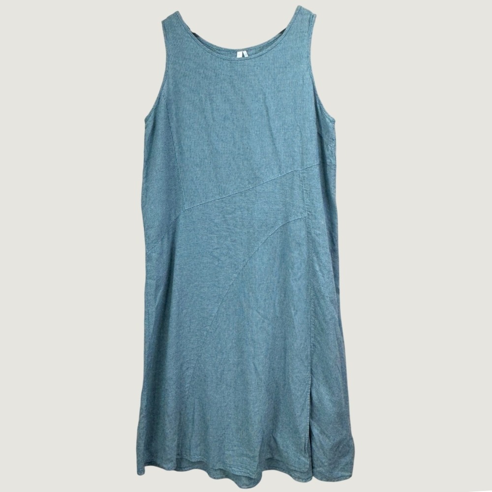 Kleen Linen Cotton Sleeveless Midi Dress XL Blue Striped Lagenlook Boho